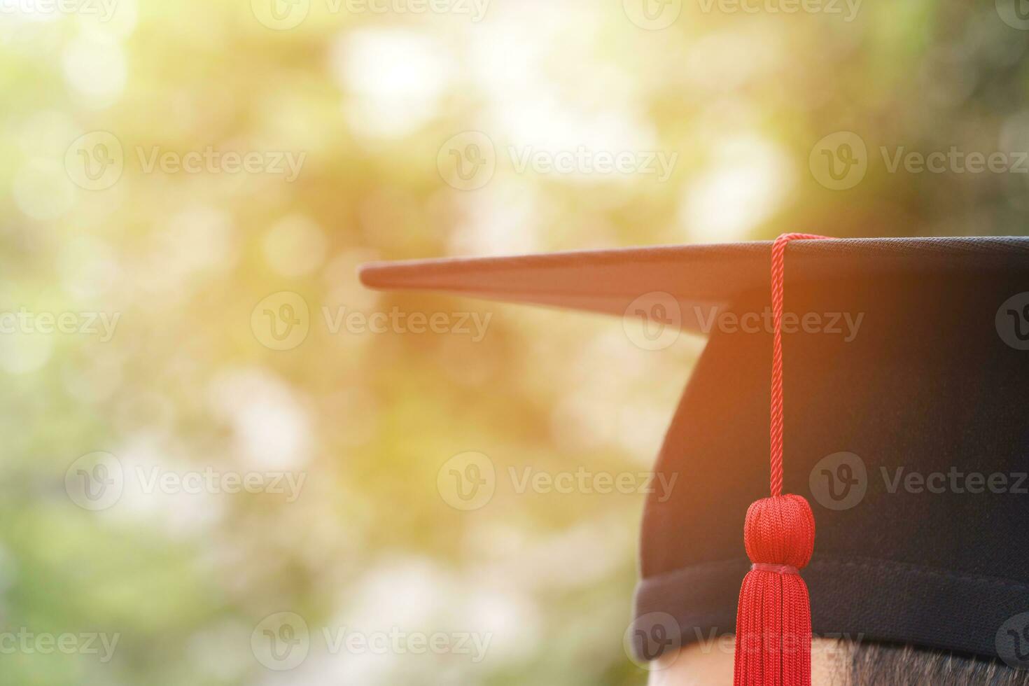 examen är fira gradering. lycka känsla hand håll visa hatt och diplom certifikat i bakgrund himmel. congratulation utbildning under början dag universitet grad. foto