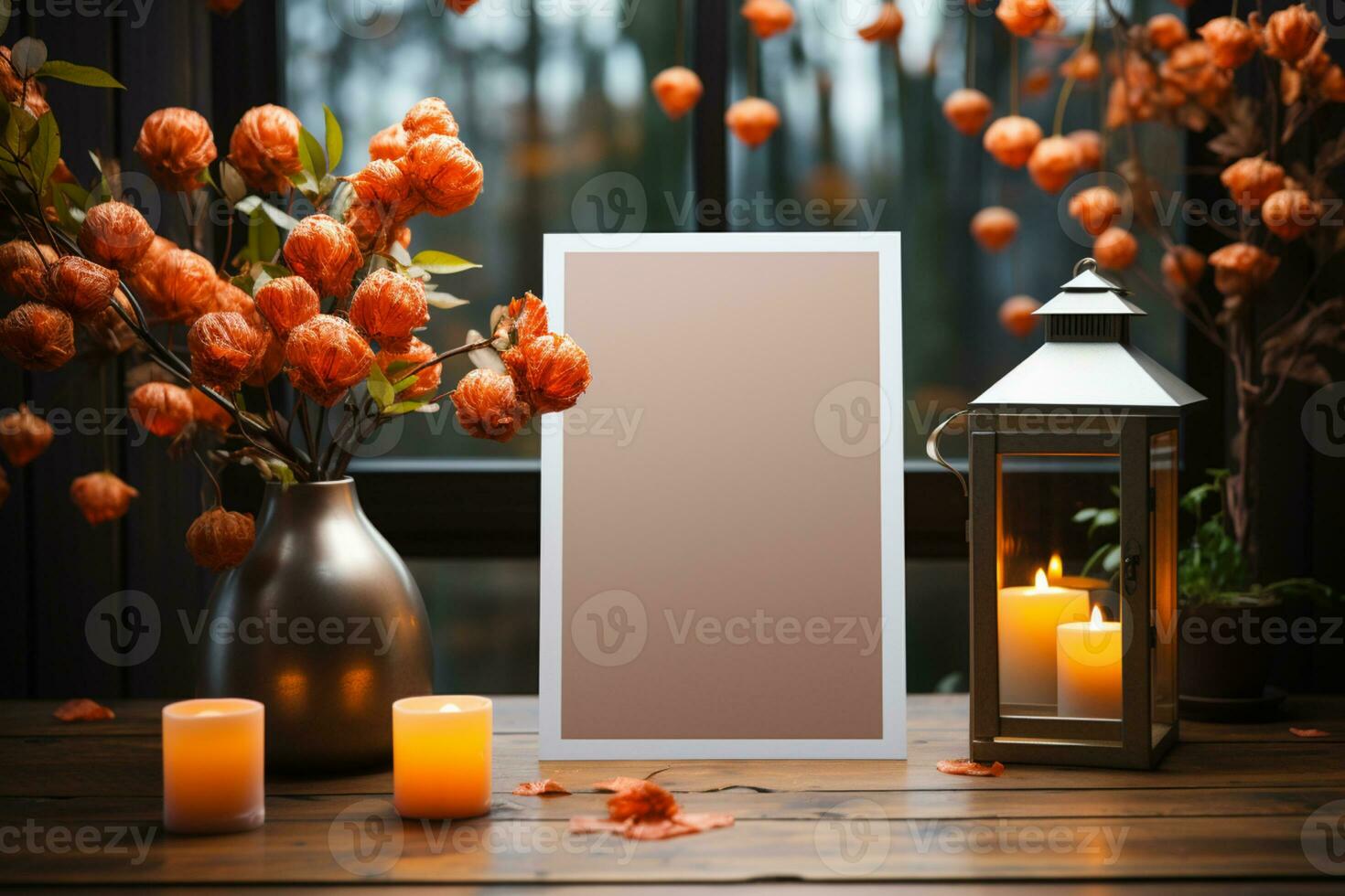 kinesisk ny år begrepp, tömma bild ram, med mandarin apelsiner, mockup, kopia Plats ai genererad foto