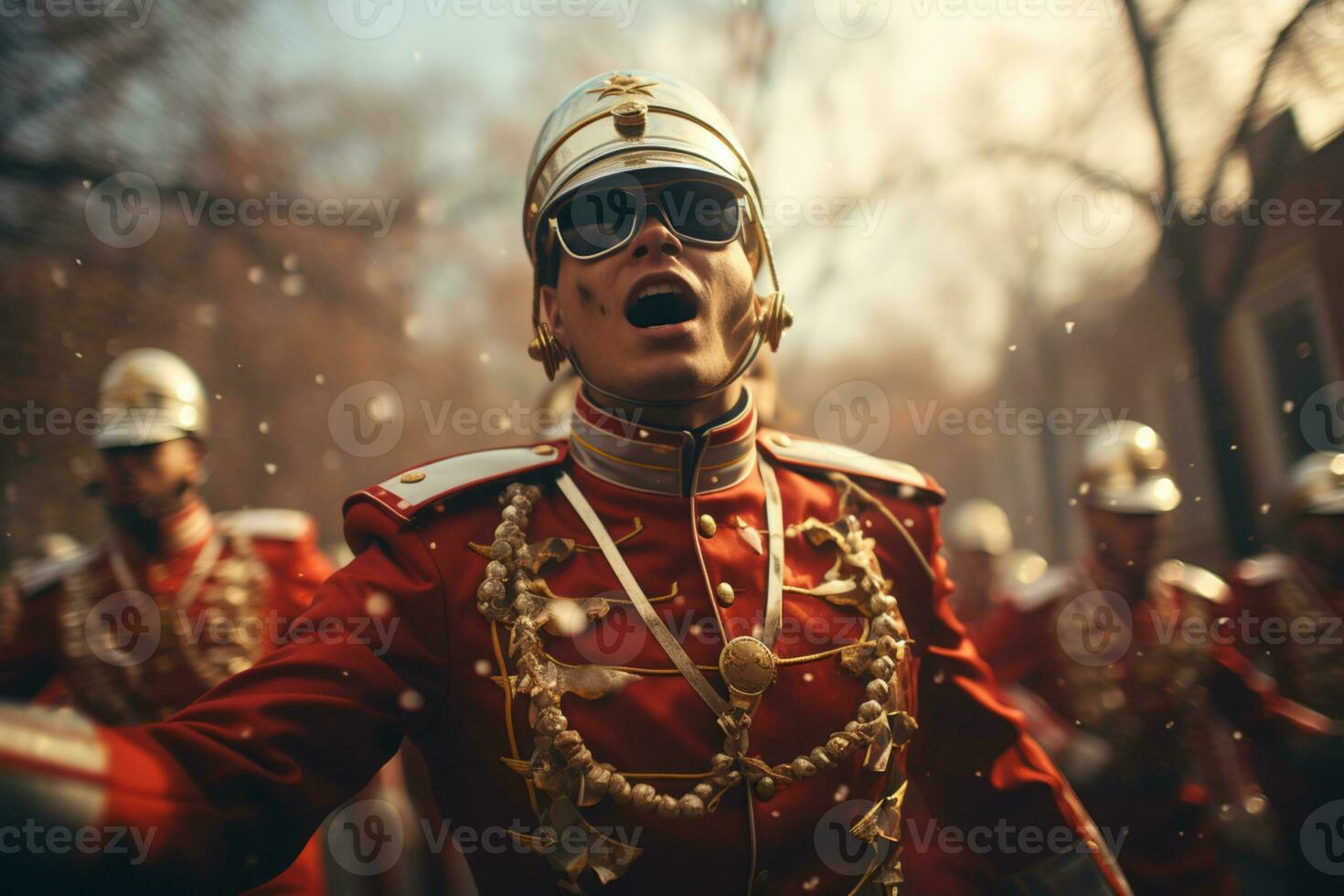 marscherande band trupper som de Mars längs de gata eller Mars som del av en ceremoni ai genererad foto