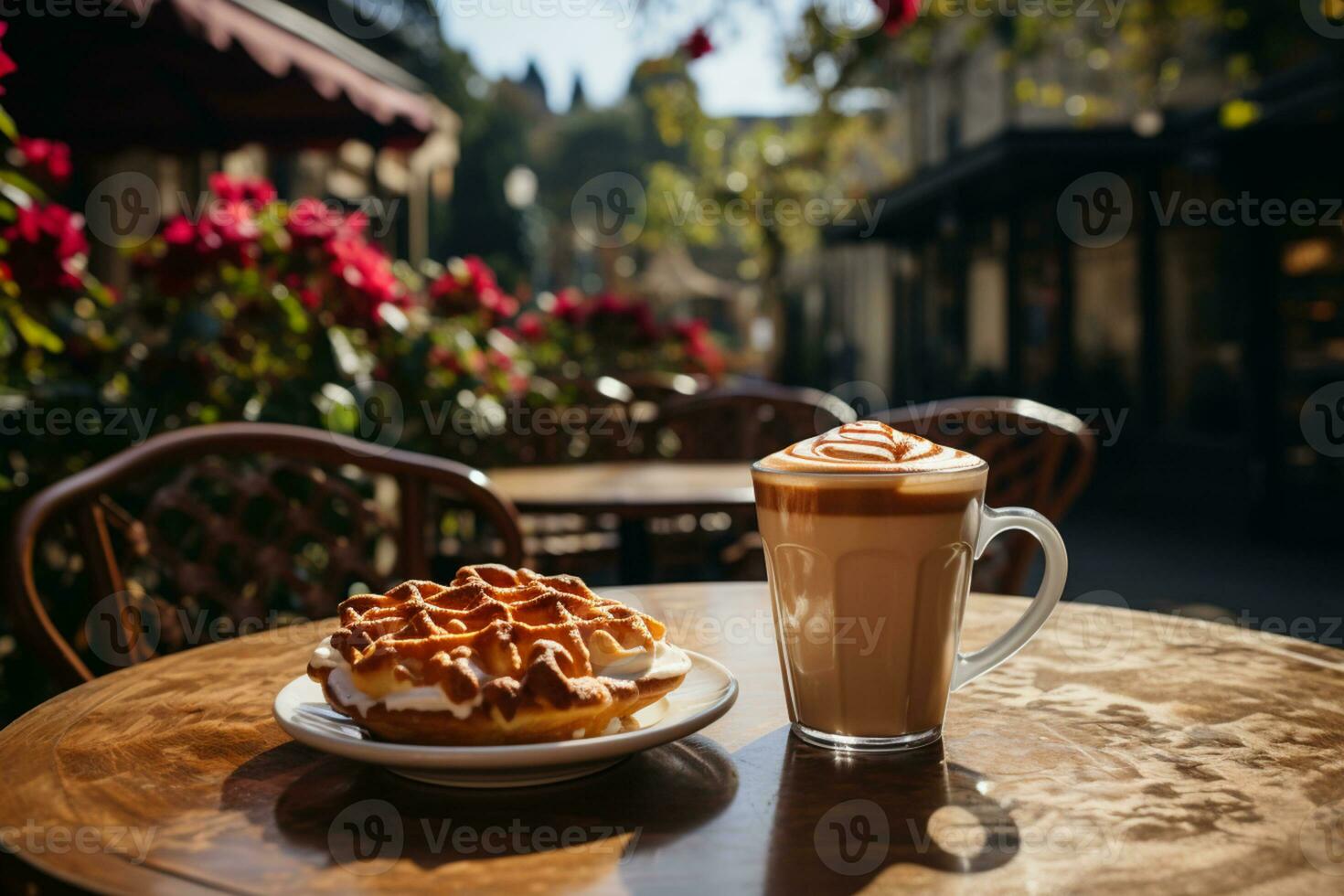 belgisk våffla med kaffe på en tabell utanför av Kafé, frukost vibrafon ai genererad foto