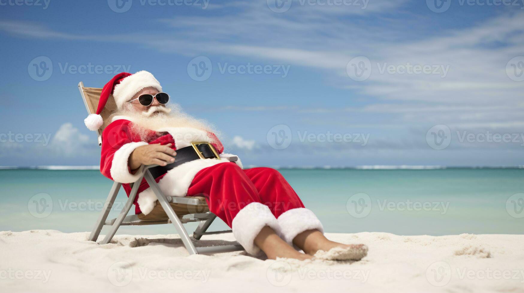 ai generativ santa på semester avkopplande på en tropisk strand foto