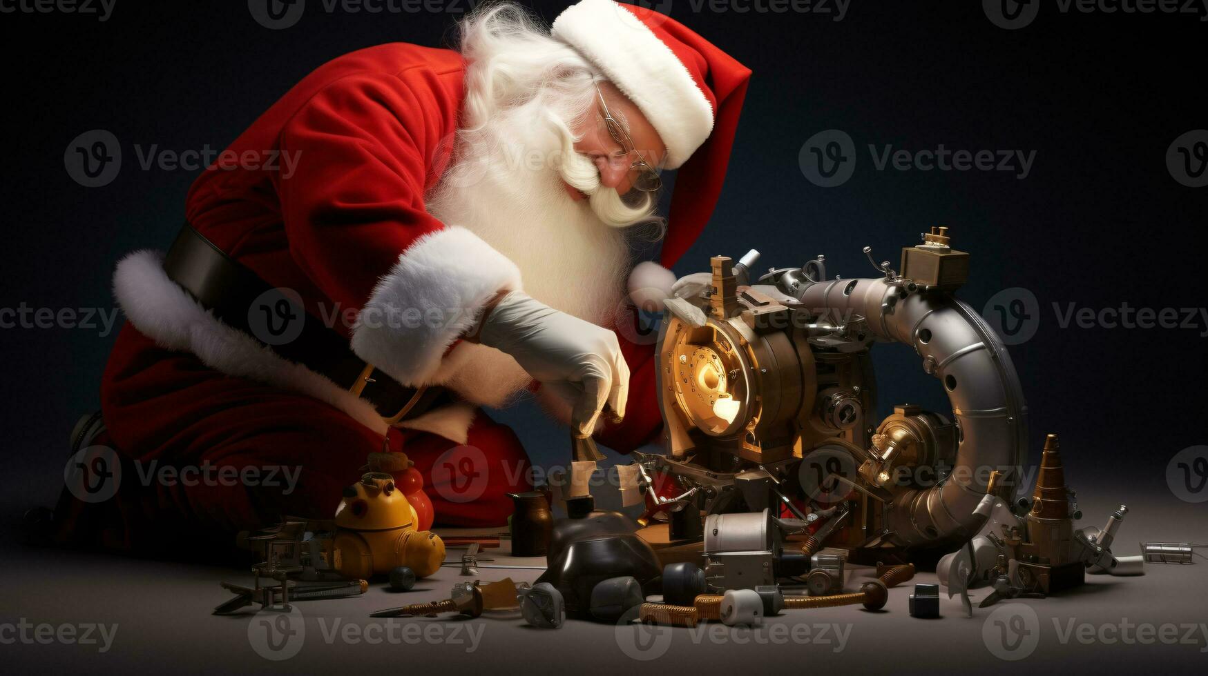 ai generativ santa i hans verkstad byggnad, tinkering på leksaker foto