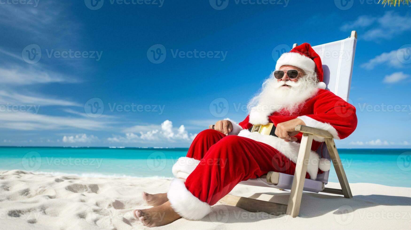 ai generativ santa på semester avkopplande på en tropisk strand foto