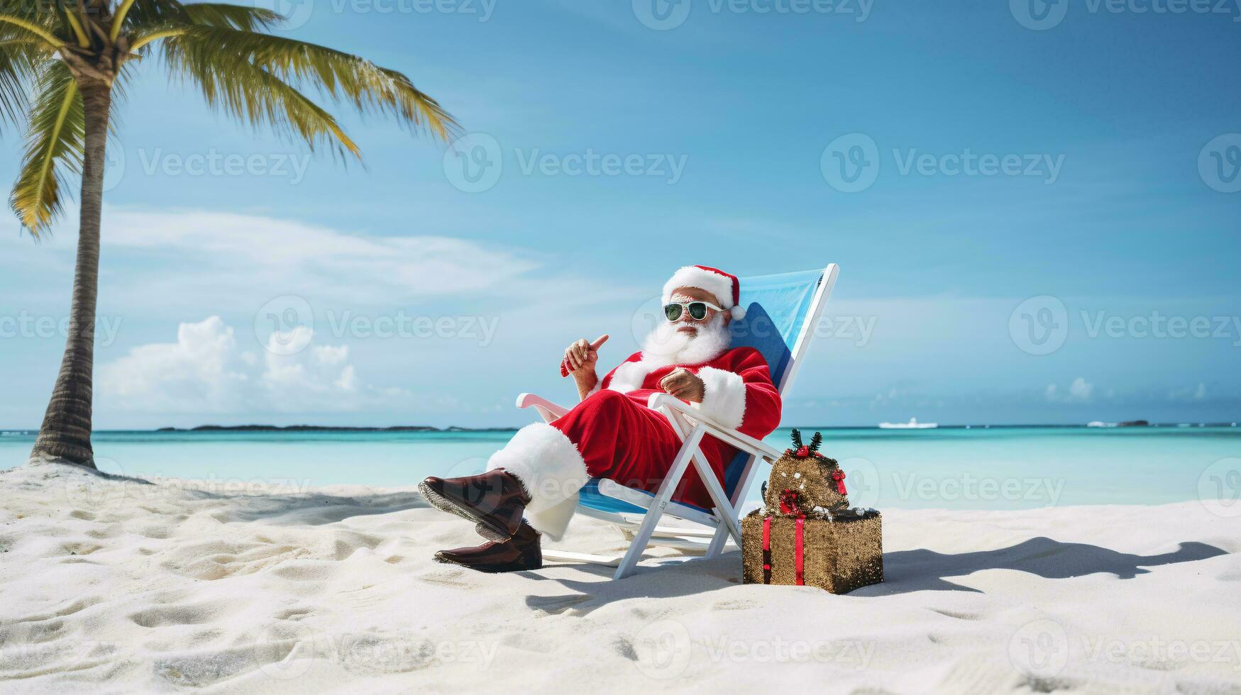 ai generativ santa på semester avkopplande på en tropisk strand foto