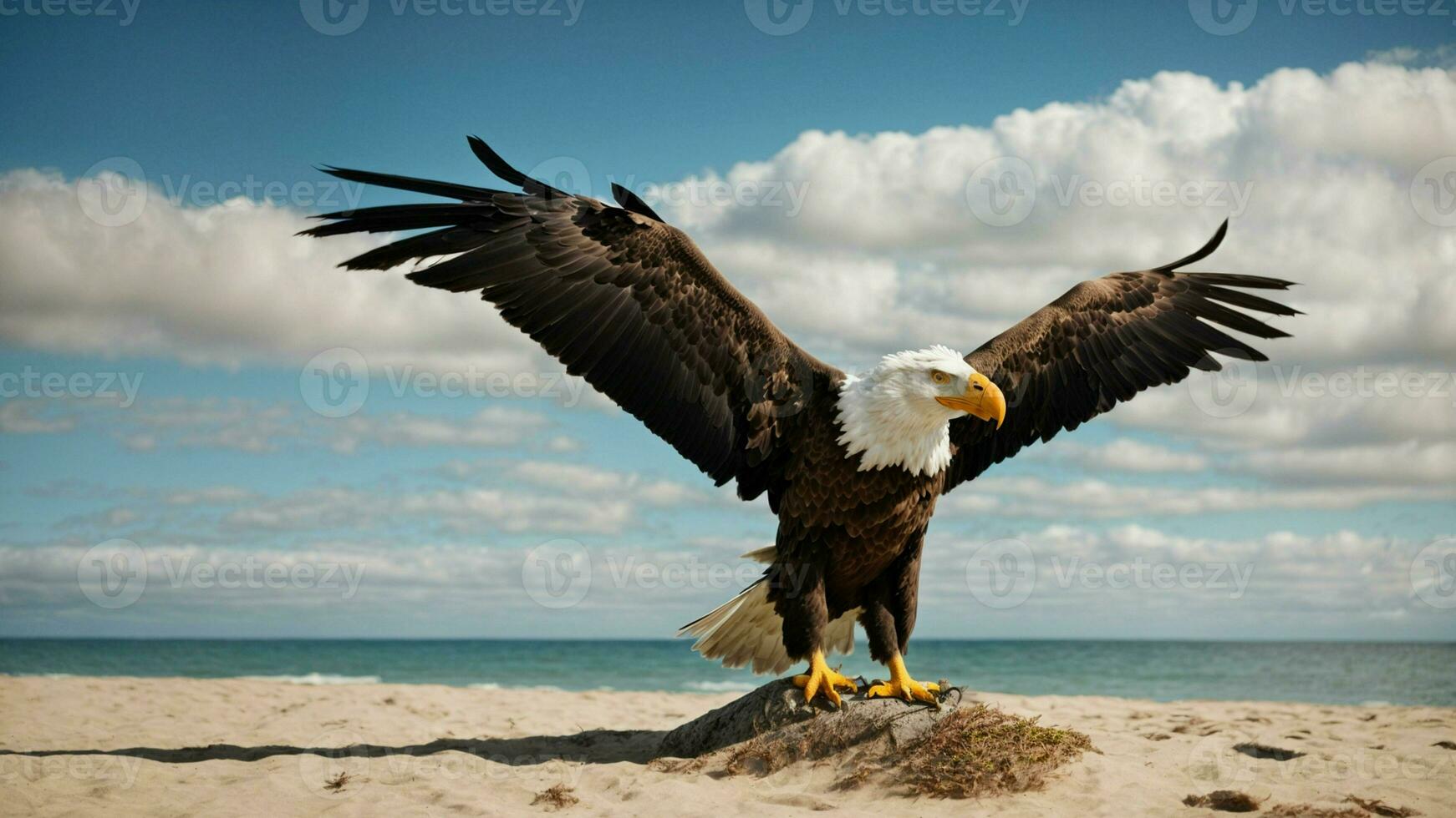 en skön sommar dag med blå himmel och en ensam stellers hav Örn över de strand ai generativ foto