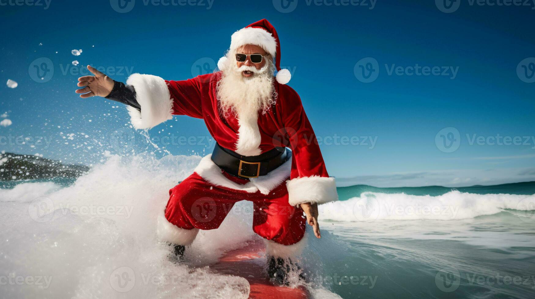 ai generativ santa på semester surfing i de hav foto