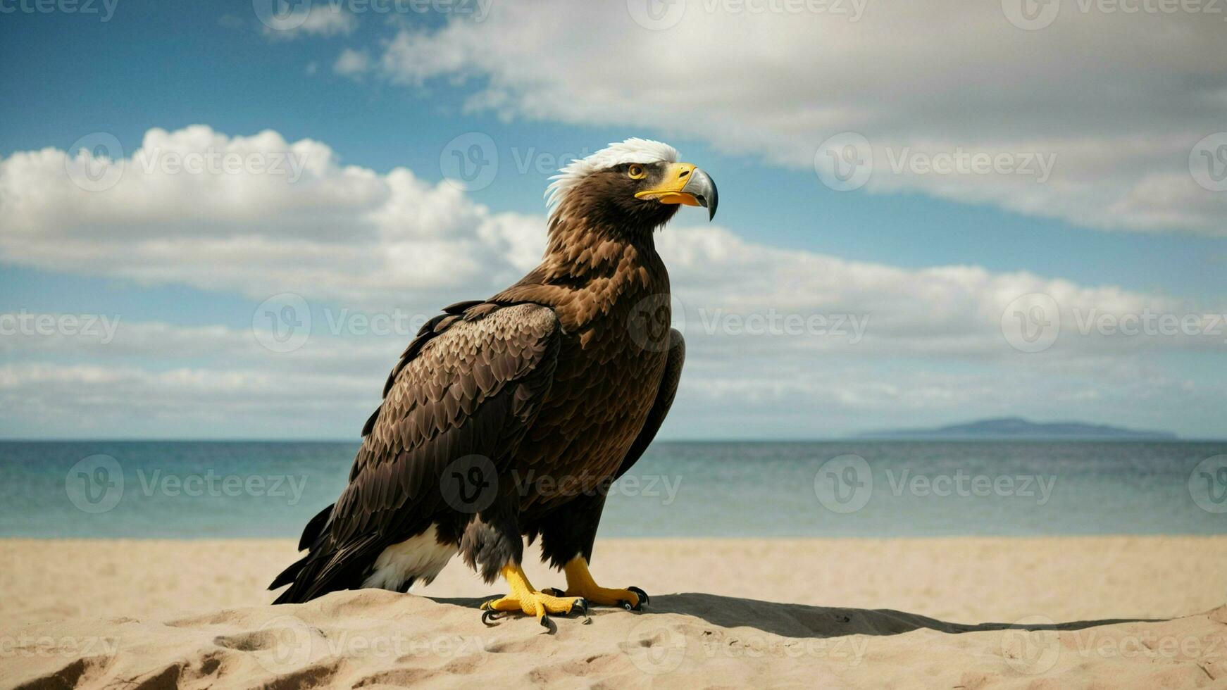 en skön sommar dag med blå himmel och en ensam stellers hav Örn över de strand ai generativ foto