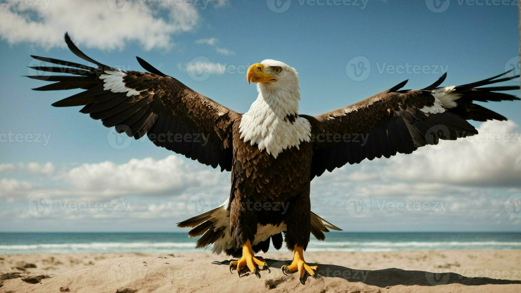 en skön sommar dag med blå himmel och en ensam stellers hav Örn över de strand ai generativ foto