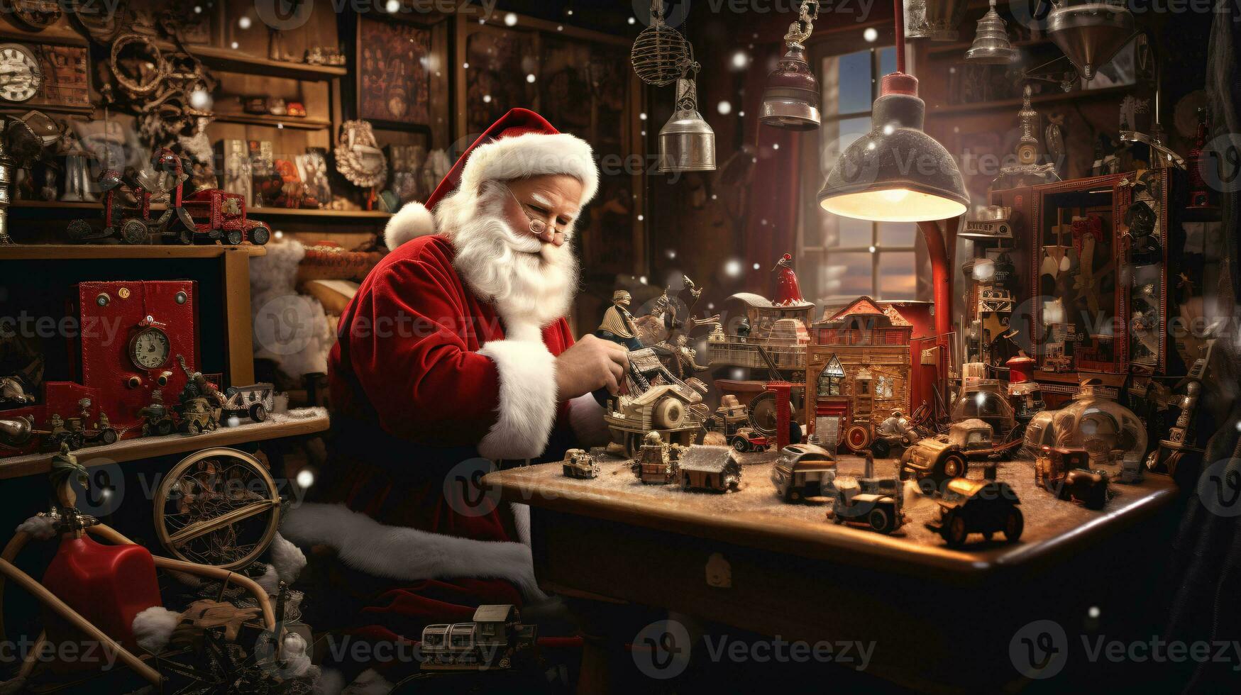 ai generativ santa i hans verkstad byggnad, tinkering på leksaker foto