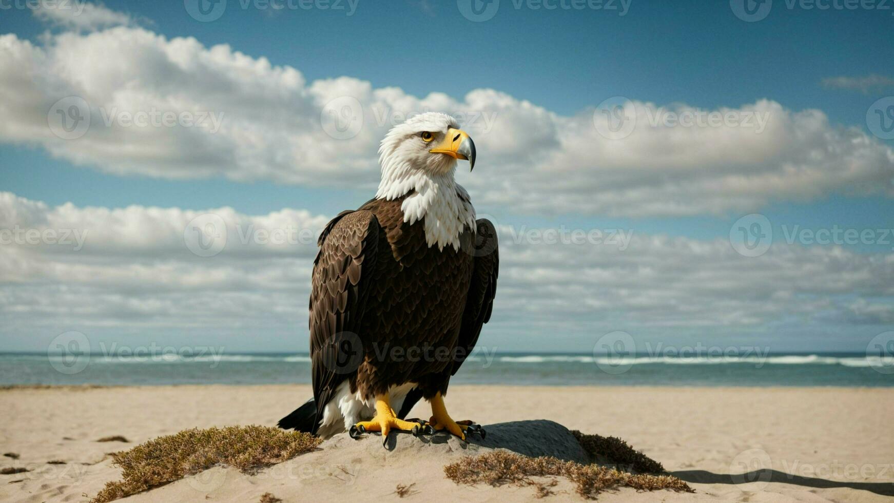 en skön sommar dag med blå himmel och en ensam stellers hav Örn över de strand ai generativ foto