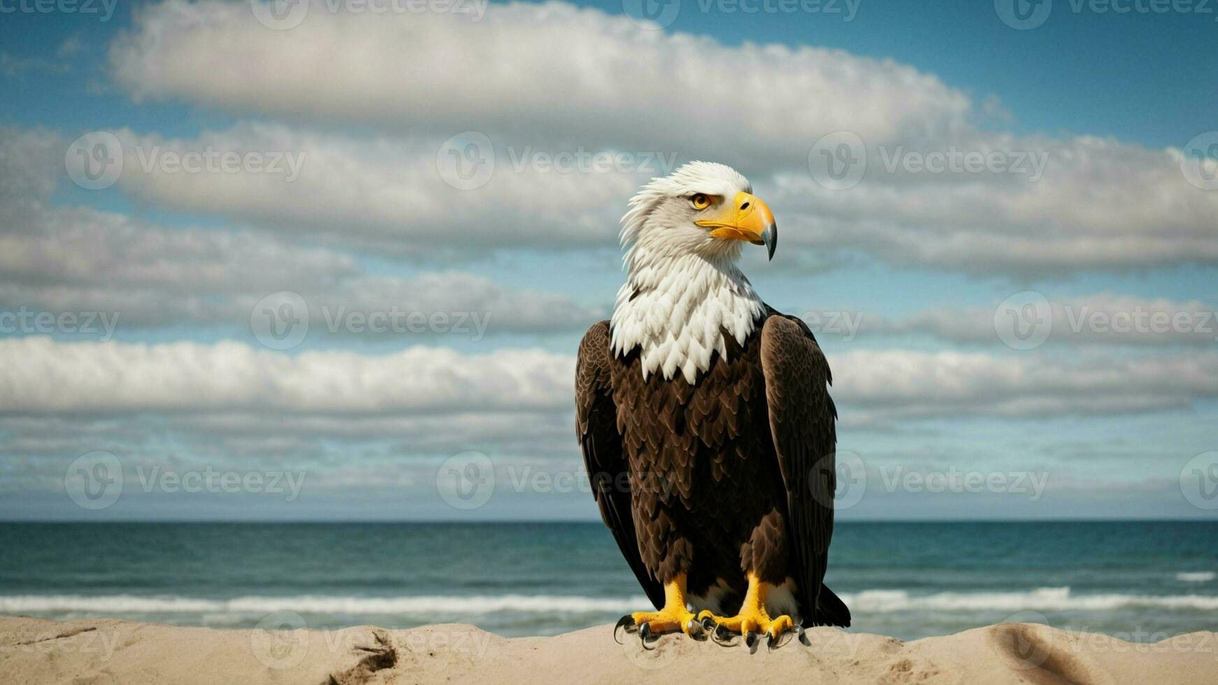 en skön sommar dag med blå himmel och en ensam stellers hav Örn över de strand ai generativ foto