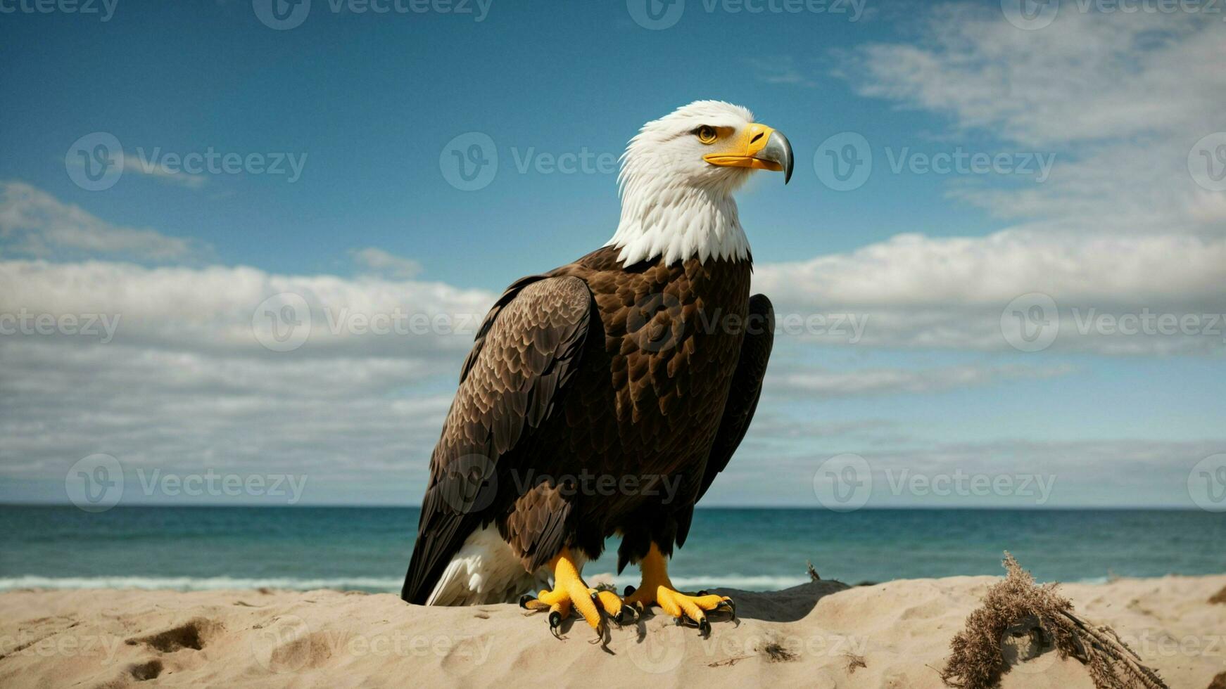 en skön sommar dag med blå himmel och en ensam stellers hav Örn över de strand ai generativ foto