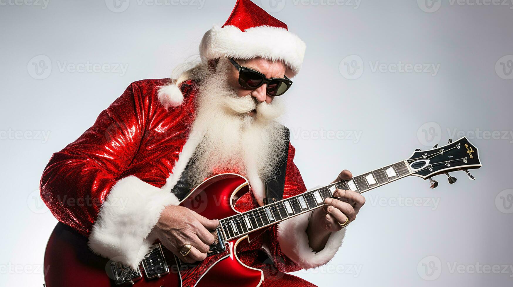 ai generativ Häftigt hipster santa på bas gitarr på fest med solglasögon foto