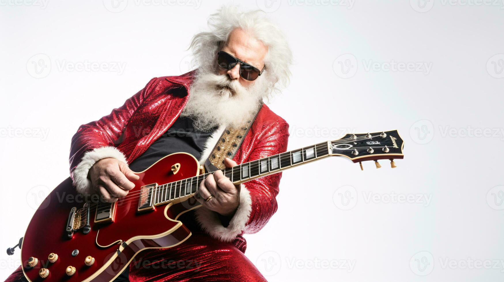 ai generativ Häftigt hipster santa på bas gitarr på fest med solglasögon foto