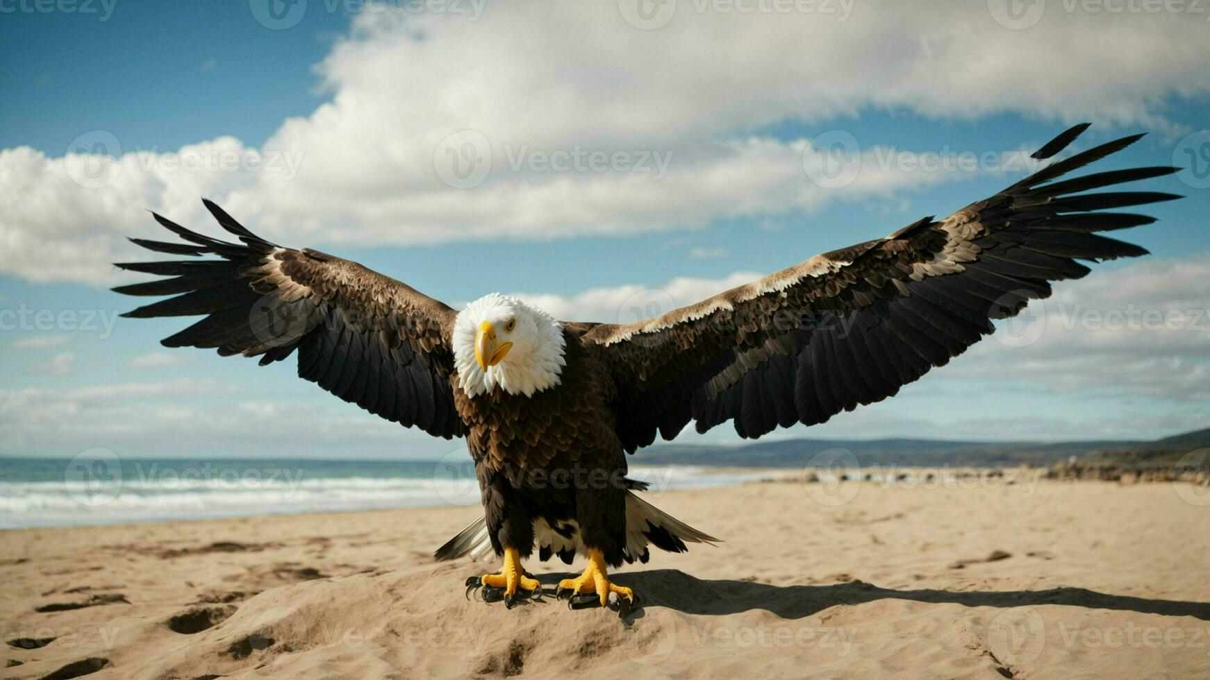 en skön sommar dag med blå himmel och en ensam stellers hav Örn över de strand ai generativ foto