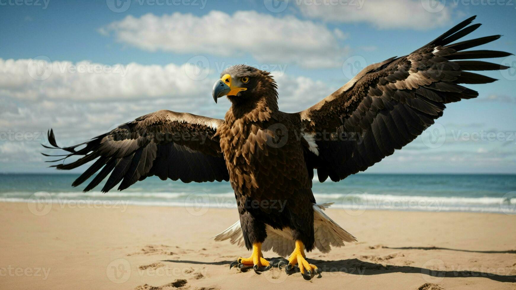 en skön sommar dag med blå himmel och en ensam stellers hav Örn över de strand ai generativ foto