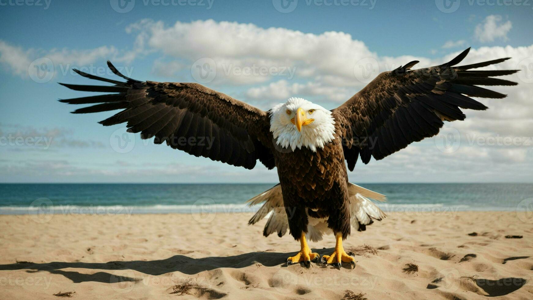 en skön sommar dag med blå himmel och en ensam stellers hav Örn över de strand ai generativ foto