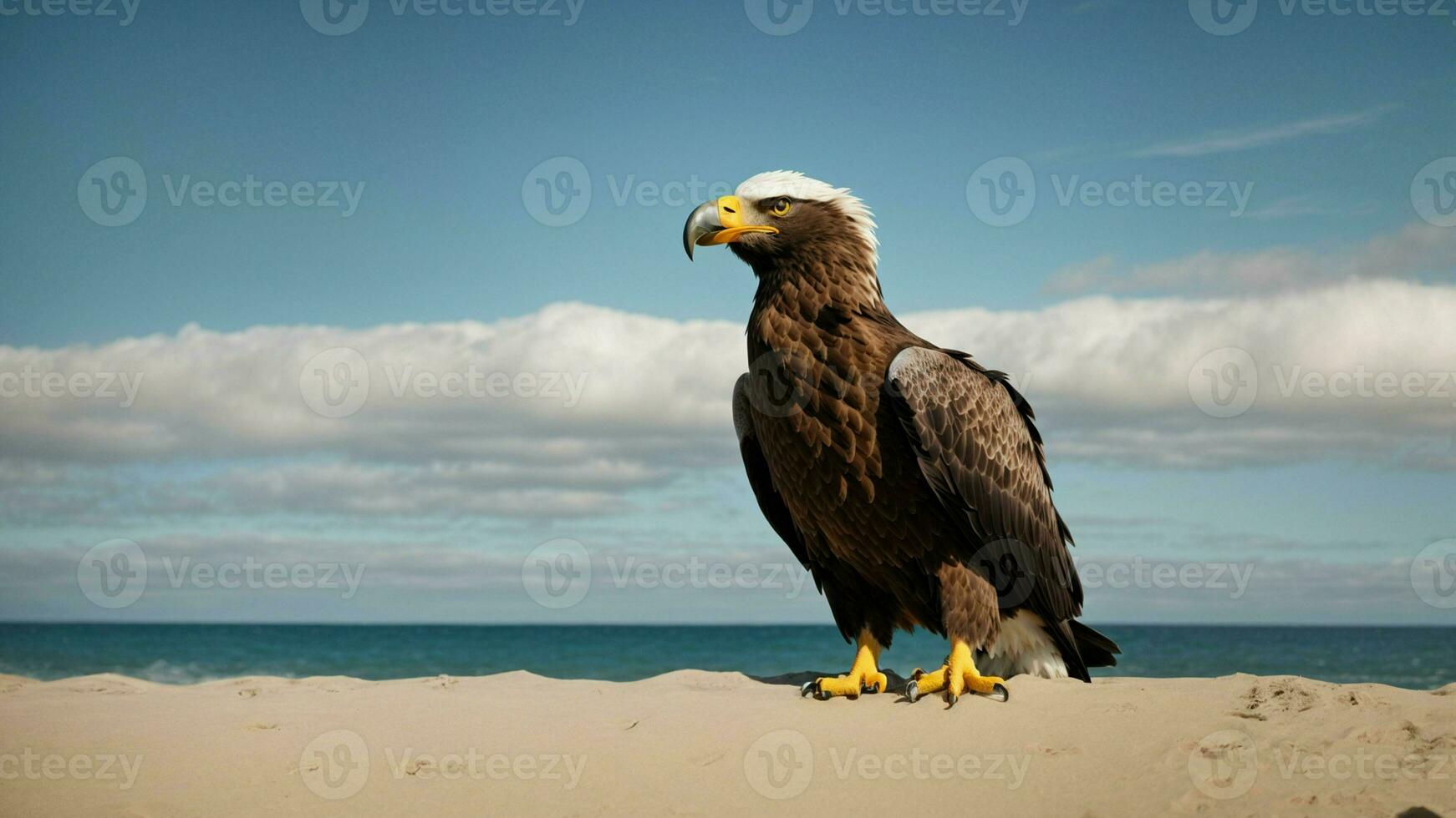 en skön sommar dag med blå himmel och en ensam stellers hav Örn över de strand ai generativ foto