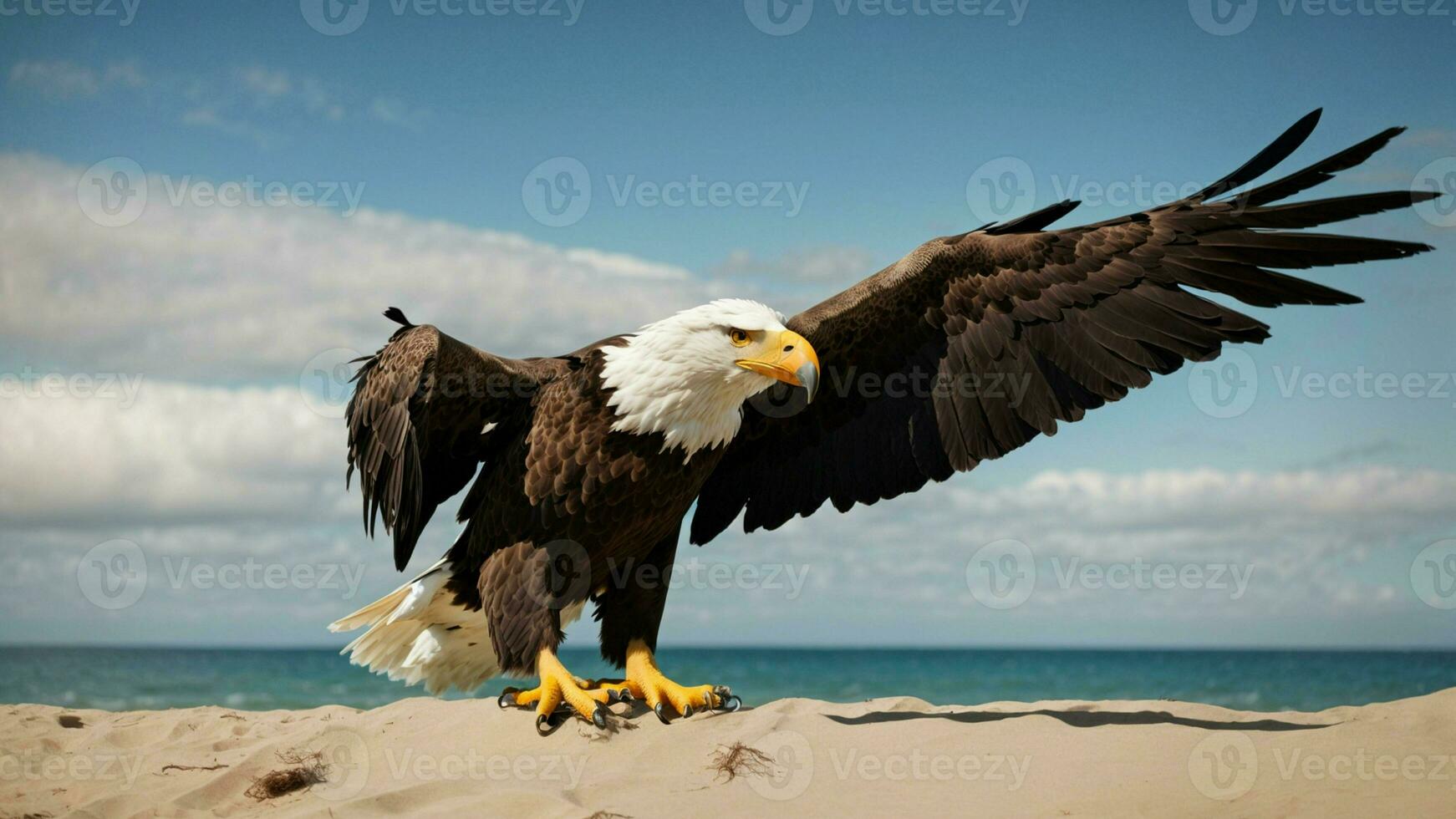 en skön sommar dag med blå himmel och en ensam stellers hav Örn över de strand ai generativ foto