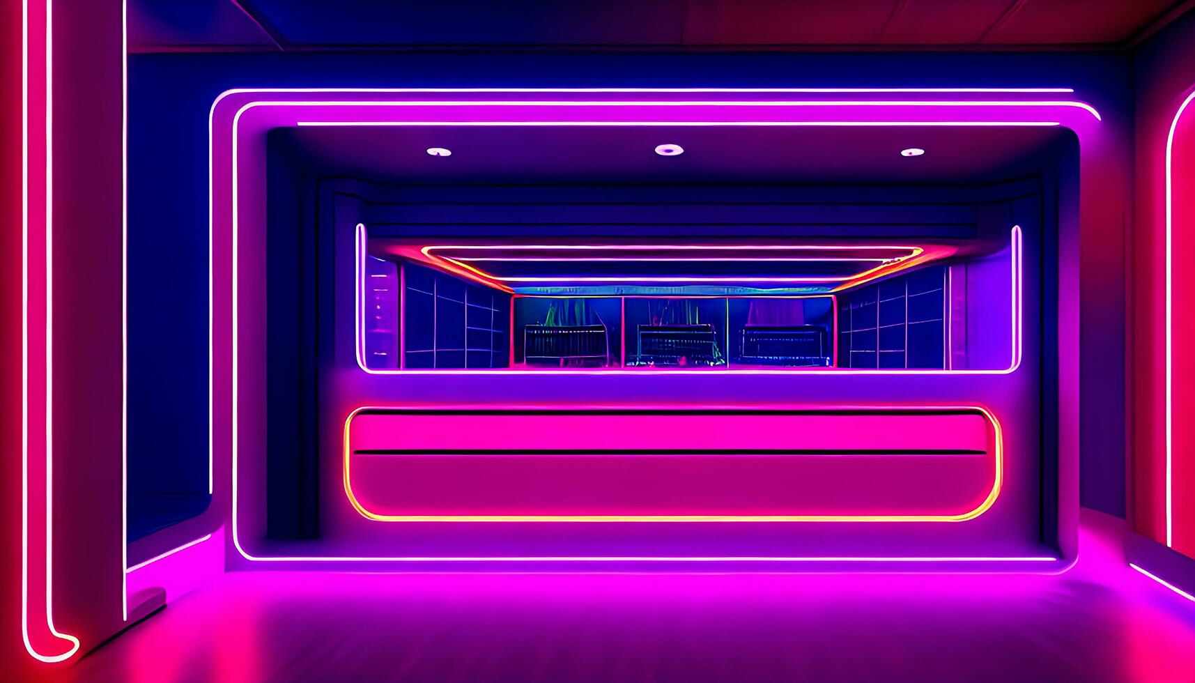 abstrakt neon bakgrund med rosa och blå neon rader och reflexion på de golv. ai generativ foto