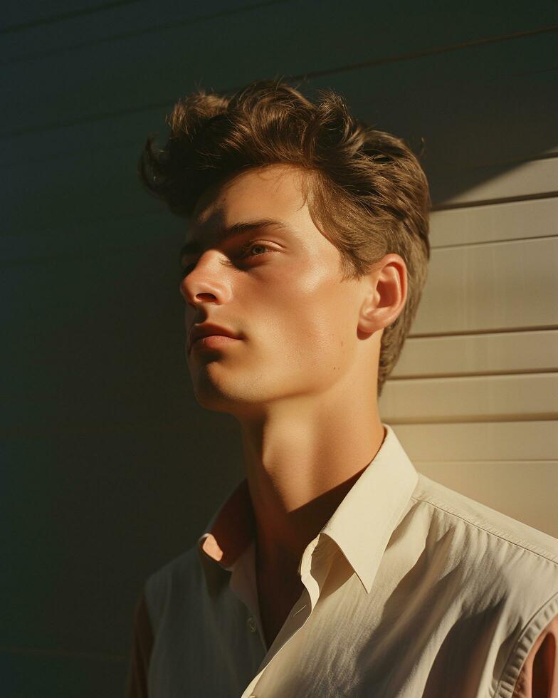 porträtt av ung manlig modell med strålar ljus skugga täcka över på hans ansikte, lugna emotionell uttryck,ai genererad foto