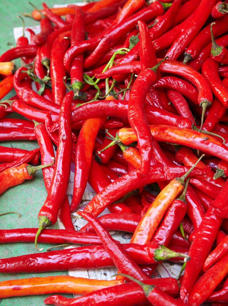 många stora röda chili på thailändska marknaden foto