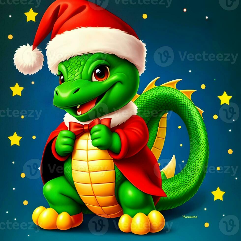 generativ ai fantasier på de tema av de kinesisk kalender. drake symbol av 2024 i en santa claus hatt. foto