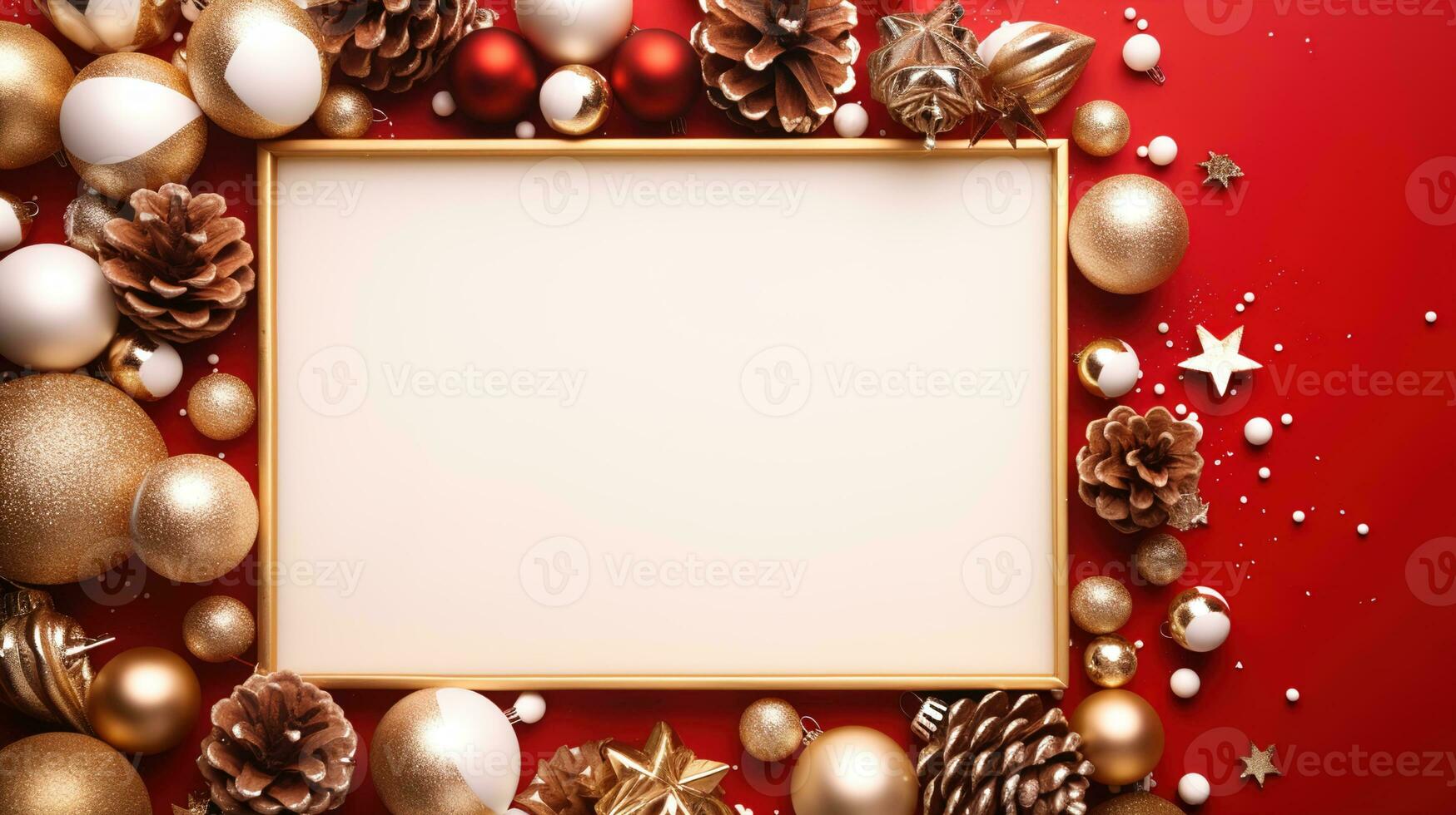 festlig Semester glädje, guld och vit jul platt lägga ram med kopia Plats, Utsmyckad med presenterar, tall kottar, och jul ornament, jul bakgrund, ai generativ foto