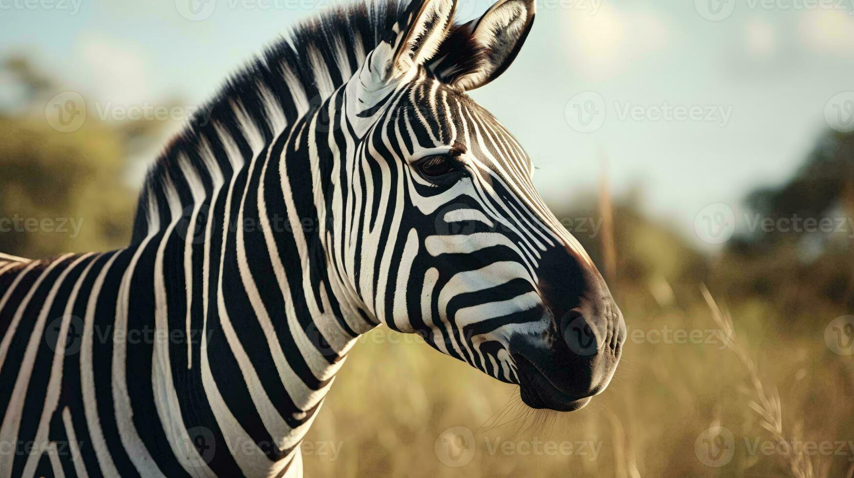 en zebra stående i en fält ai genererad foto