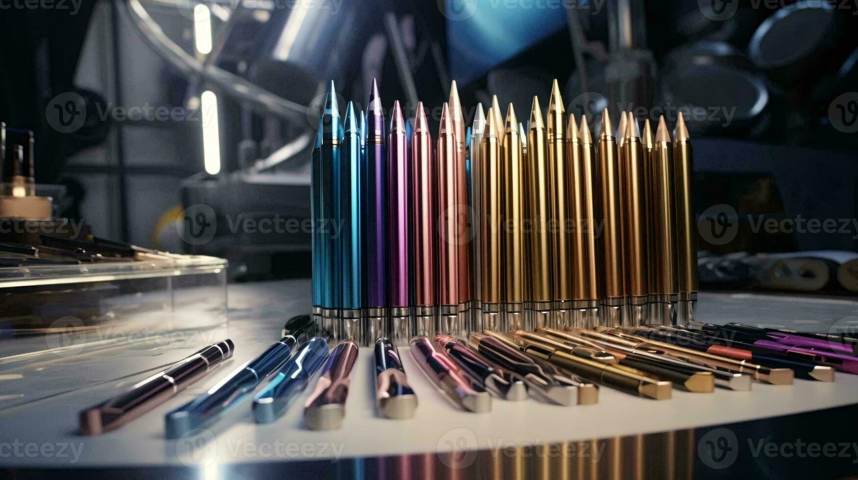 en grupp av pennor på en tabell ai genererad foto