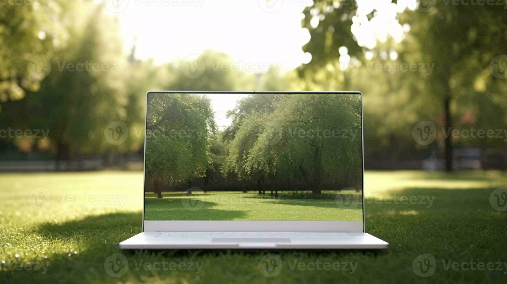 en bärbar dator på en gräsmatta ai genererad foto