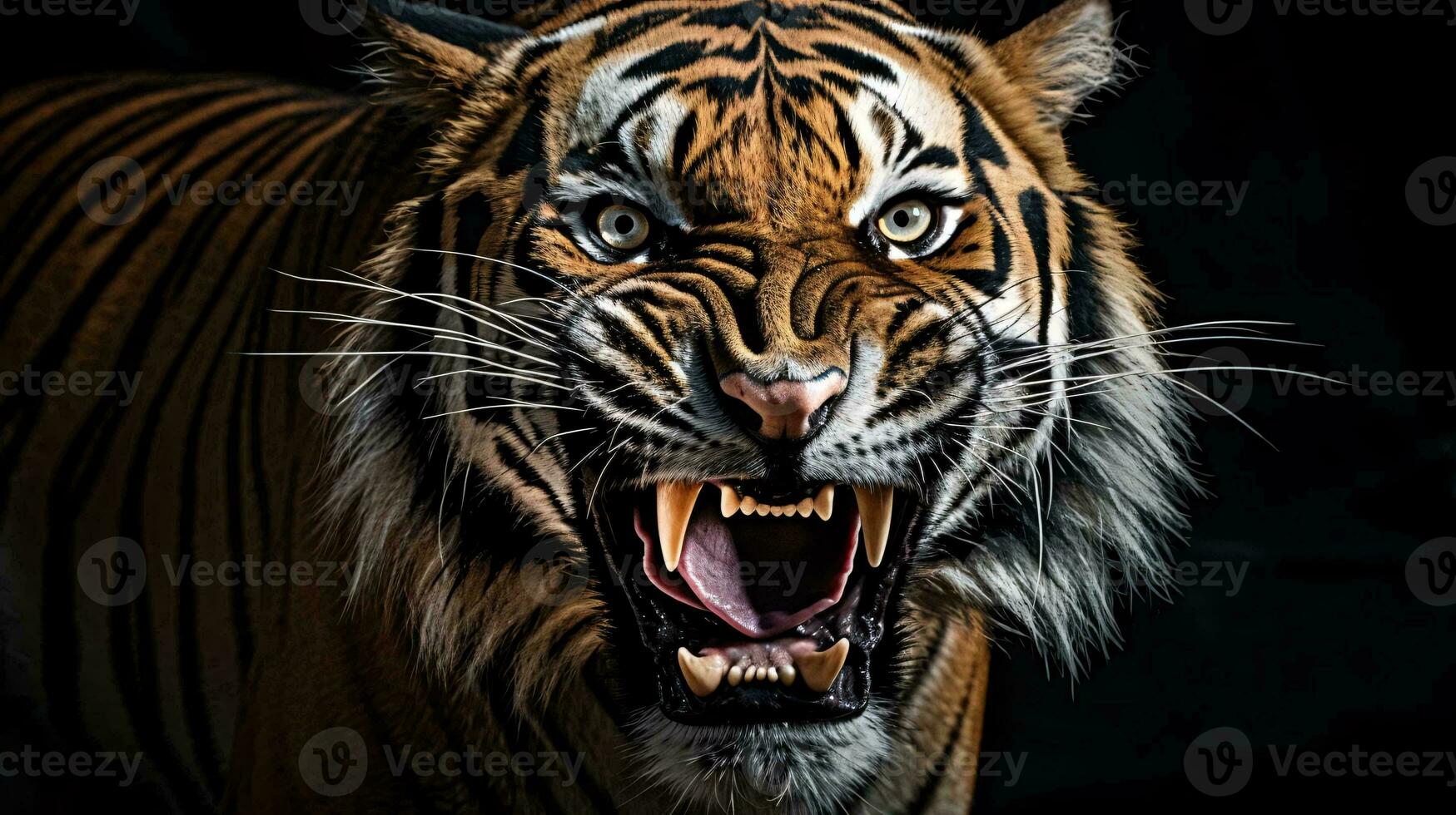 en tiger med dess mun öppen ai genererad foto