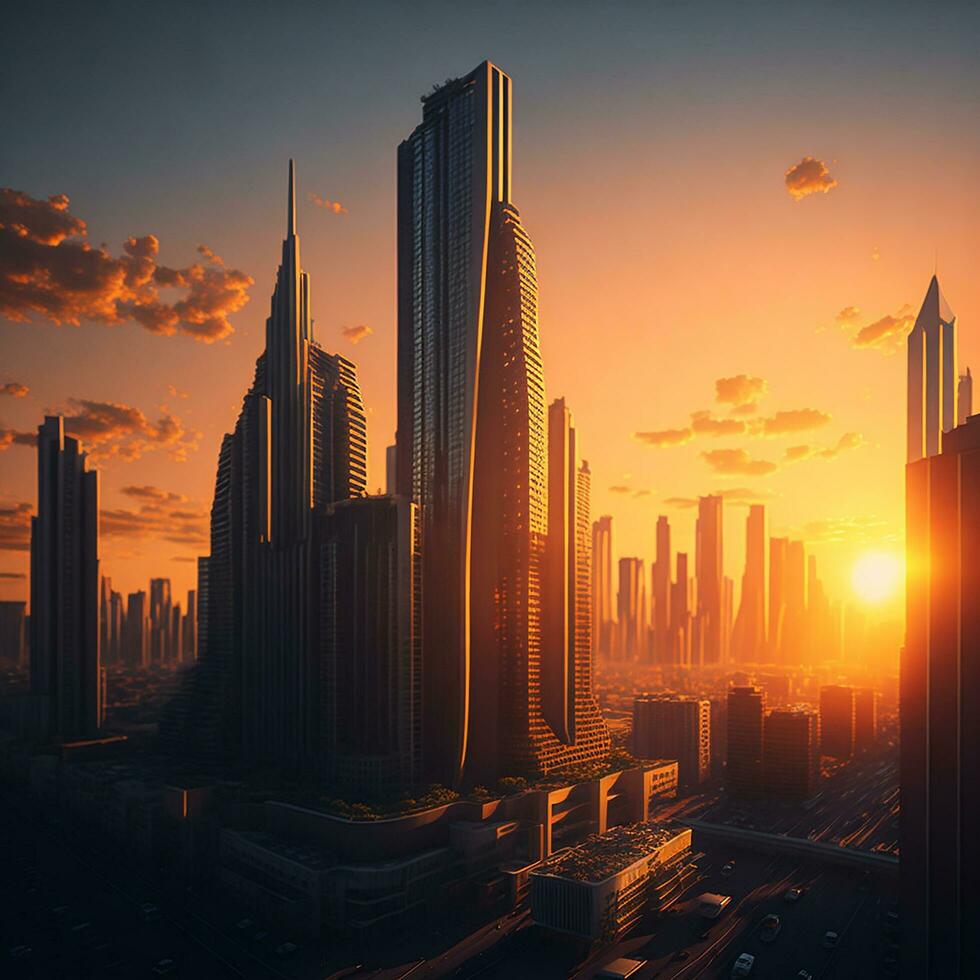 byggnad stad och solnedgång, ai genererad foto