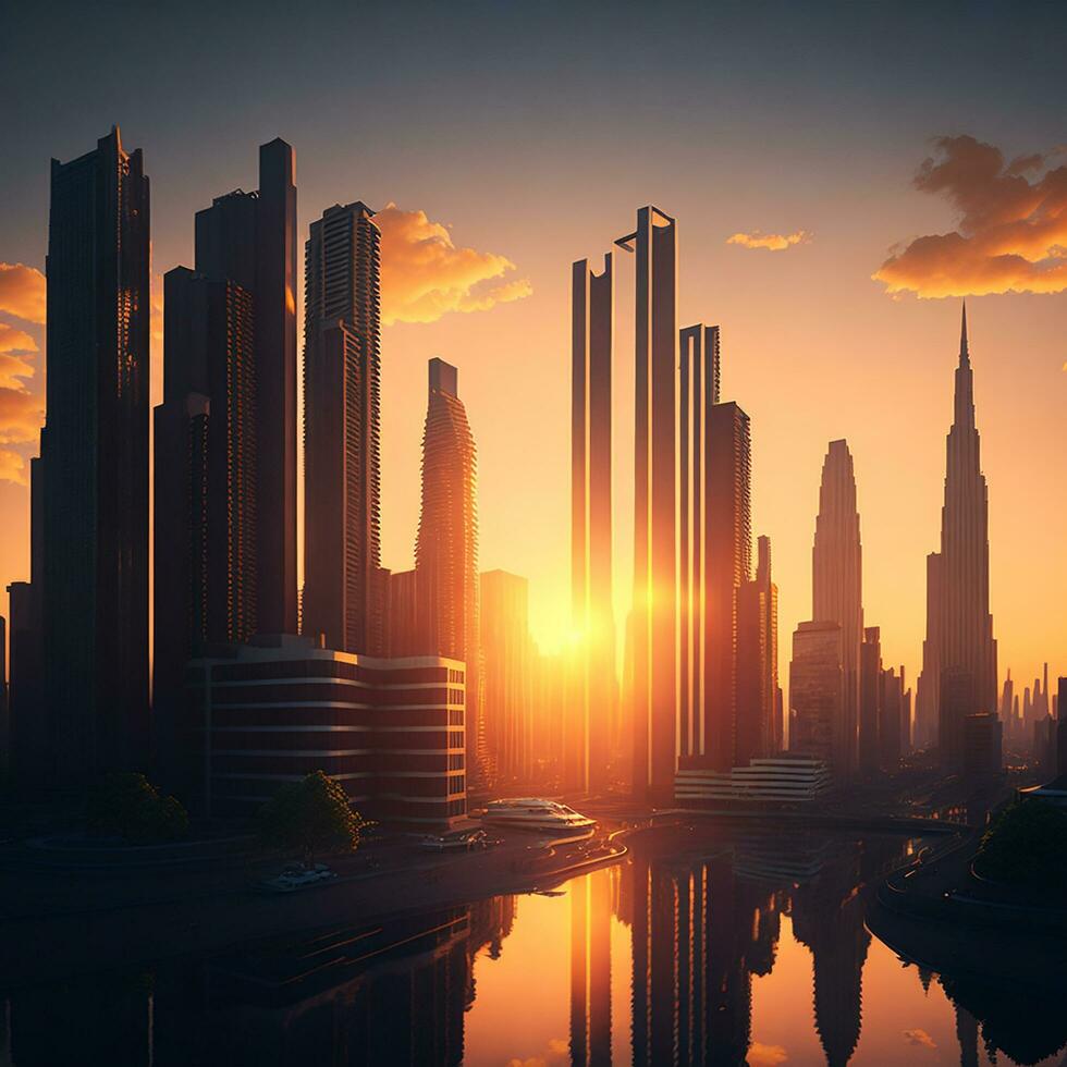 byggnad stad och solnedgång, ai genererad foto