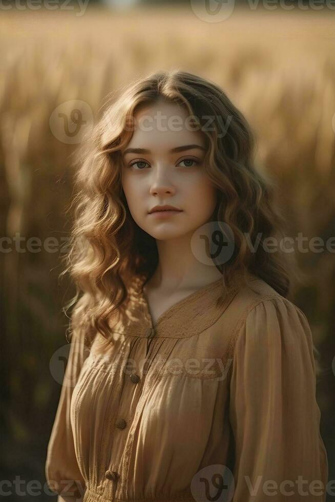 porträtt av en europeisk kvinna i enkel rustik kläder på en fält bakgrund, , naturlig Foto, mjuk ljus, ai generativ konst foto