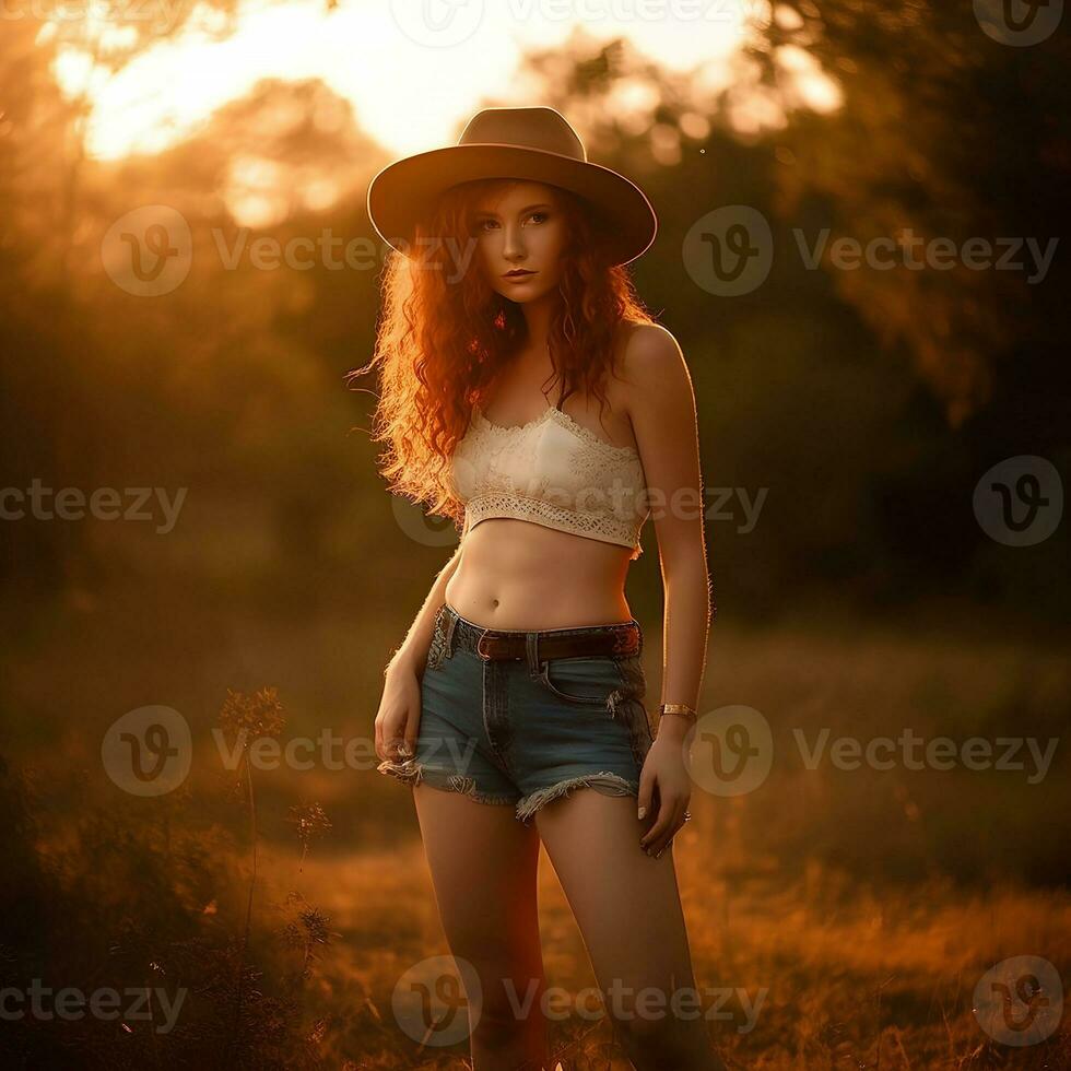 porträtt av en kvinna i en cowboy hatt på de bakgrund av de miljö Sol, naturlig Foto i de fält, ,mjuk ljus, ai generativ konst