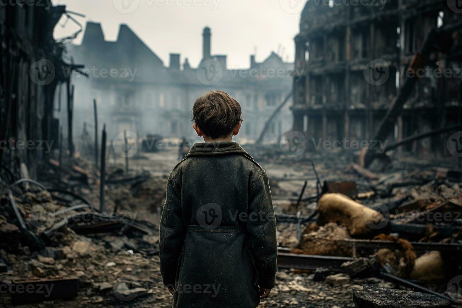 liten pojke stående i ruiner under krig. generativ ai foto