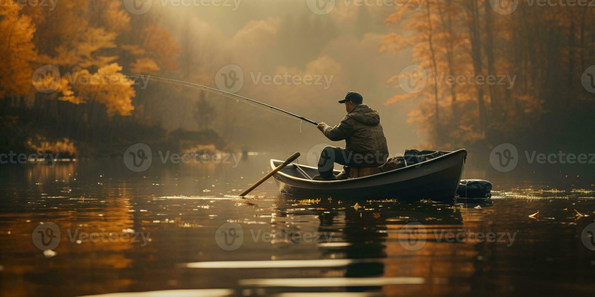 generativ ai, fiske med stavar på höst landskap nära de flod, fiskare med spinning, dämpad färger foto