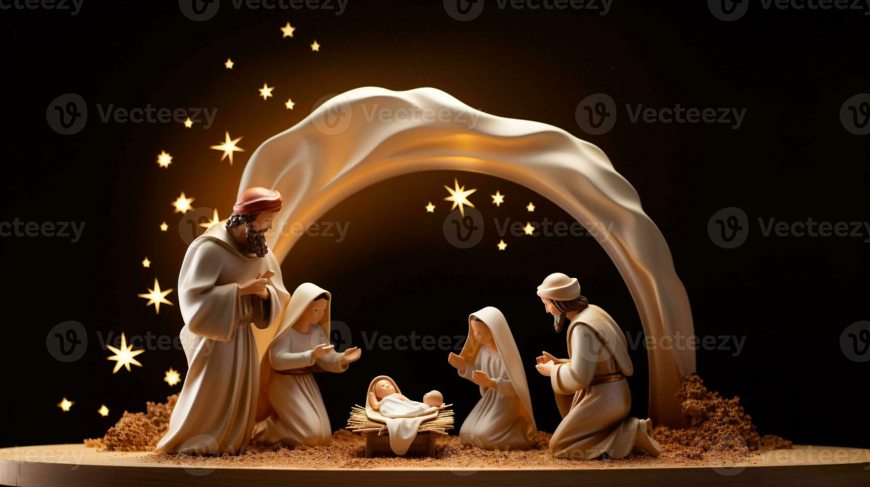 ai generativ jul stjärnbelyst nativity scen diorama porträtterar de berättelse av jesus' födelse foto