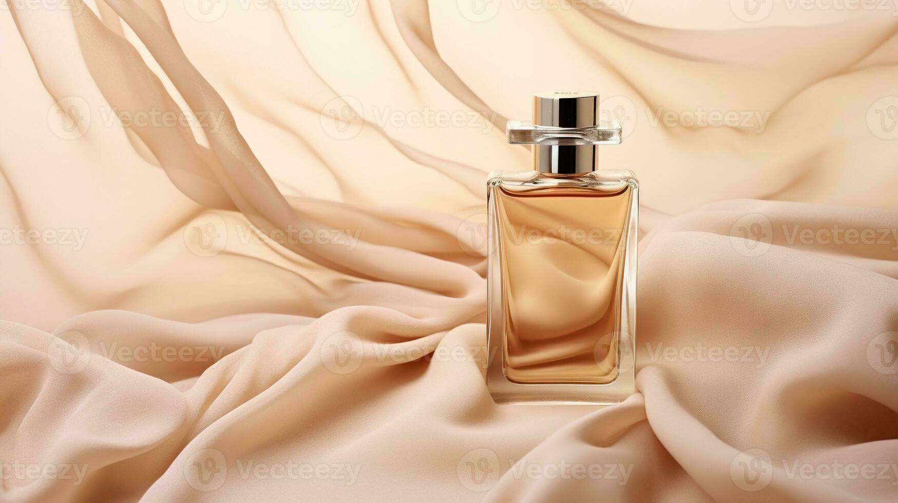 generativ ai, flaska av parfym på en beige silke bakgrund. glas flaska med beige doft förpackning design falsk upp foto