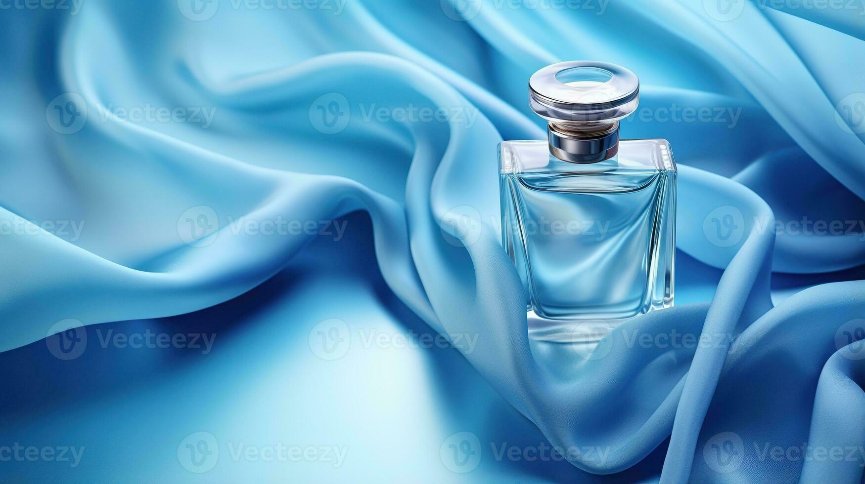generativ ai, flaska av parfym på en blå silke bakgrund. glas flaska med blå doft förpackning design falsk upp foto