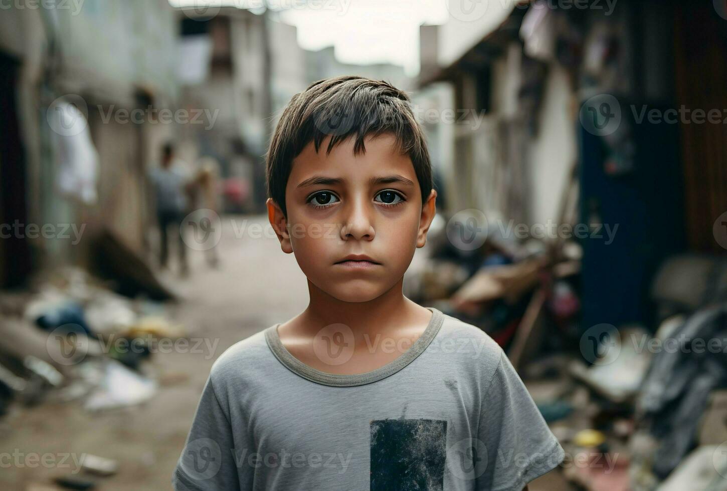 liten pojke stående i fattig förorenad grannskap. generera ai foto