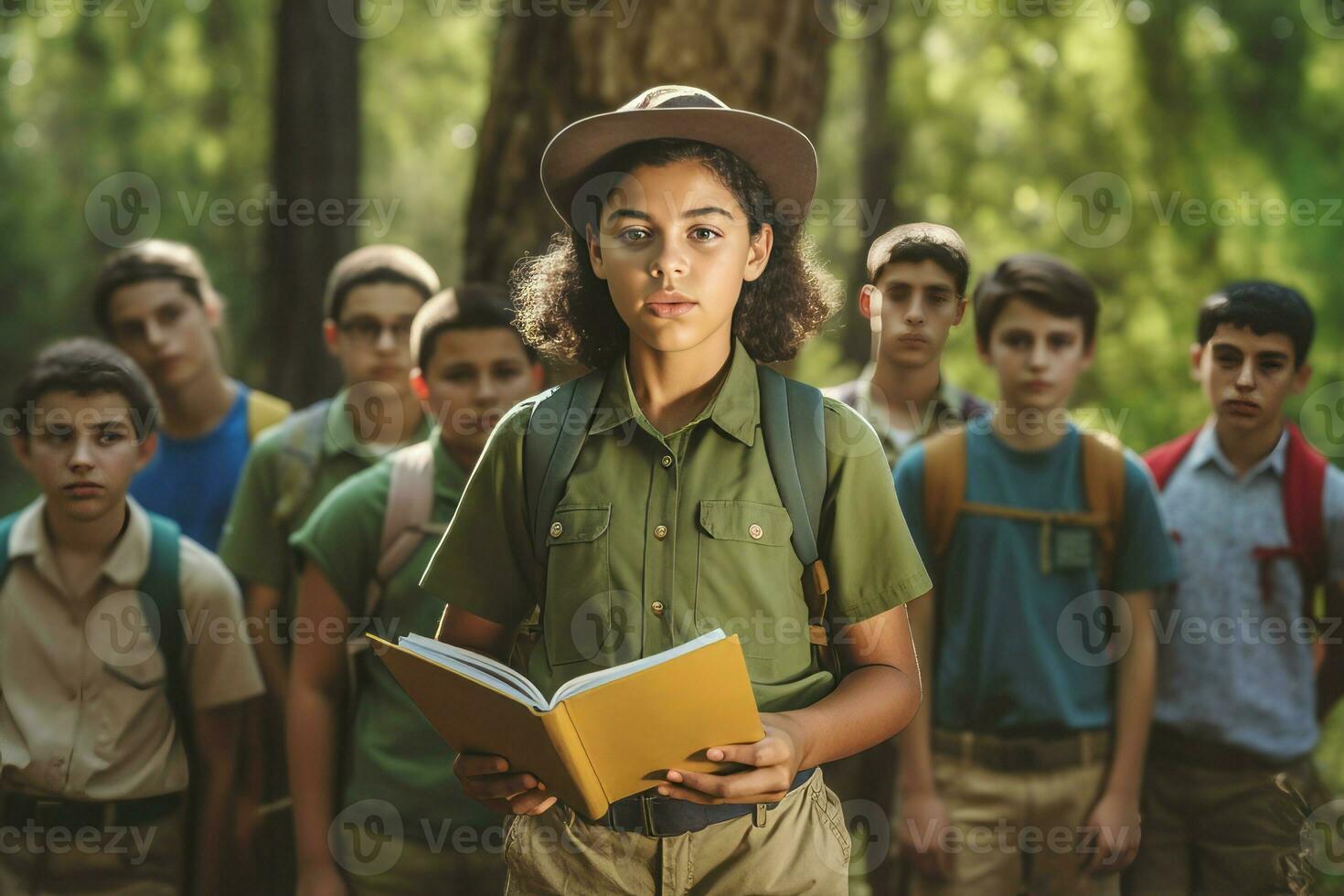 skog läger rådgivare bok barn grupp. generera ai foto