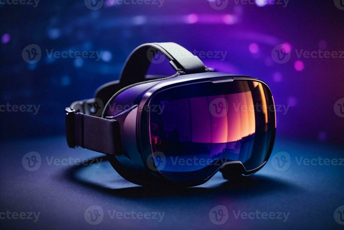 3d illustration av virtuell verklighet glasögon på lila bakgrund med bokeh. ai generativ foto