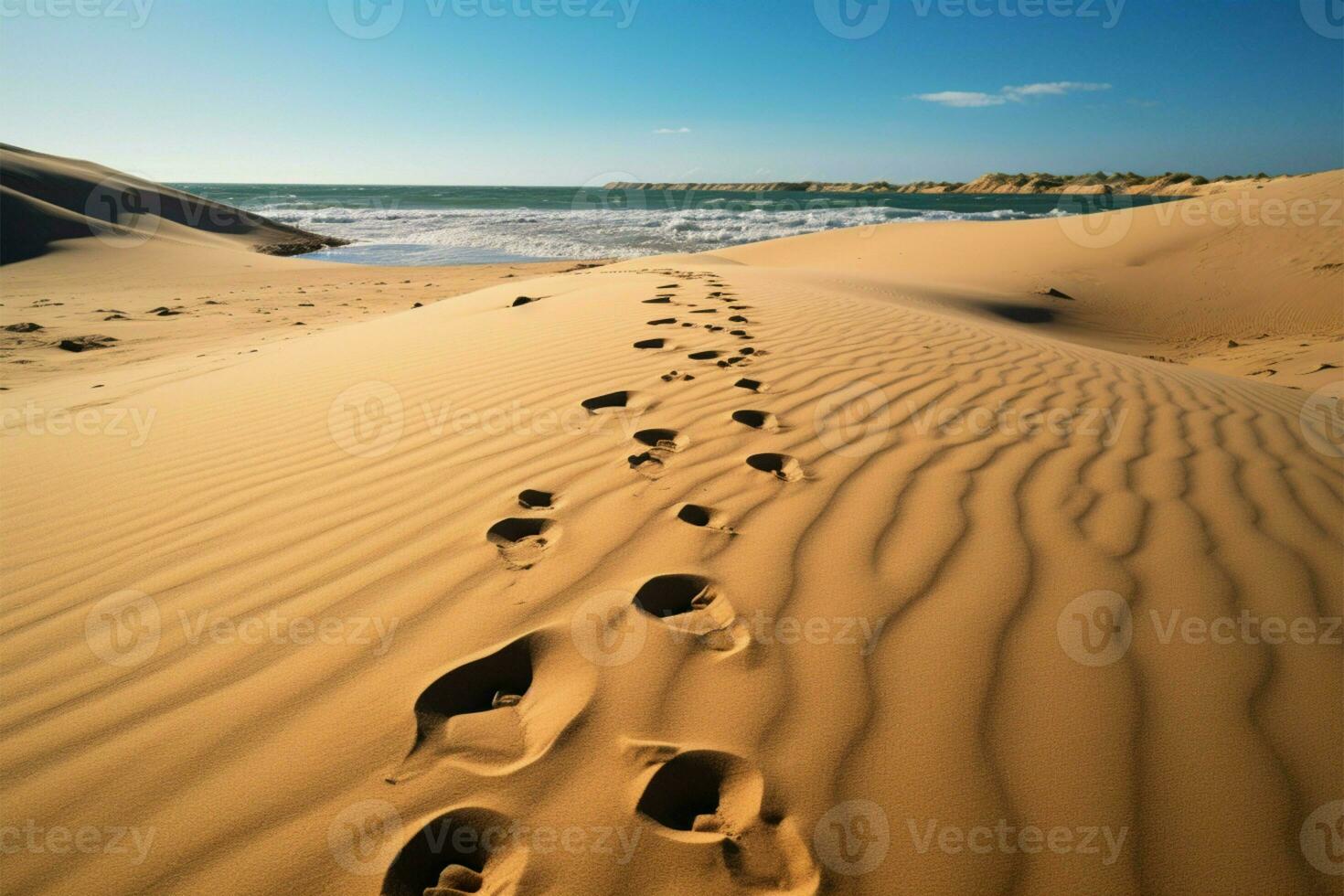 fotspår etsade i de sand, en testamente till naturer textavsnitt ai genererad foto