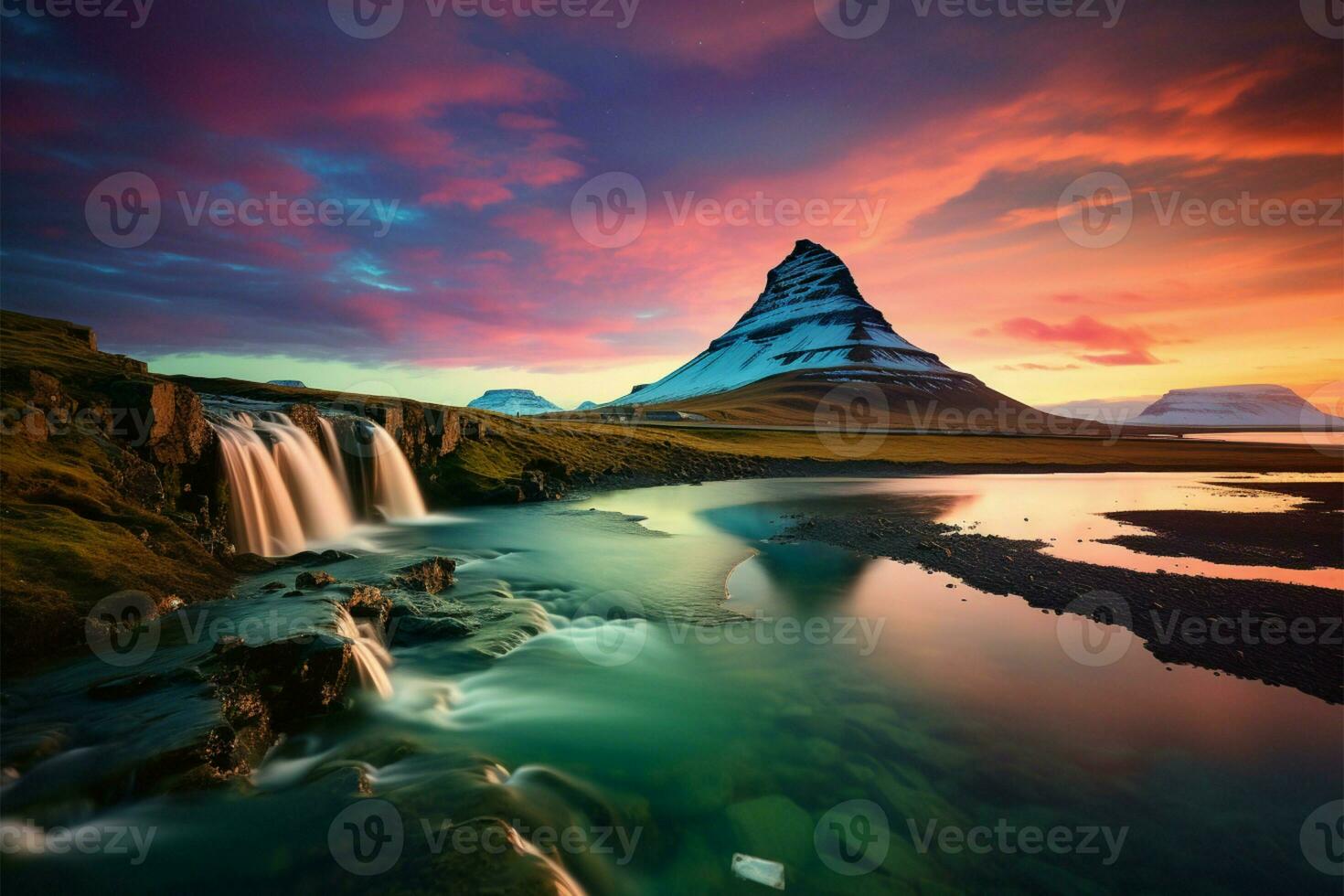 Kirkjufell berg inramade förbi de fascinerande nordlig lampor, en himmelsk visa ai genererad foto