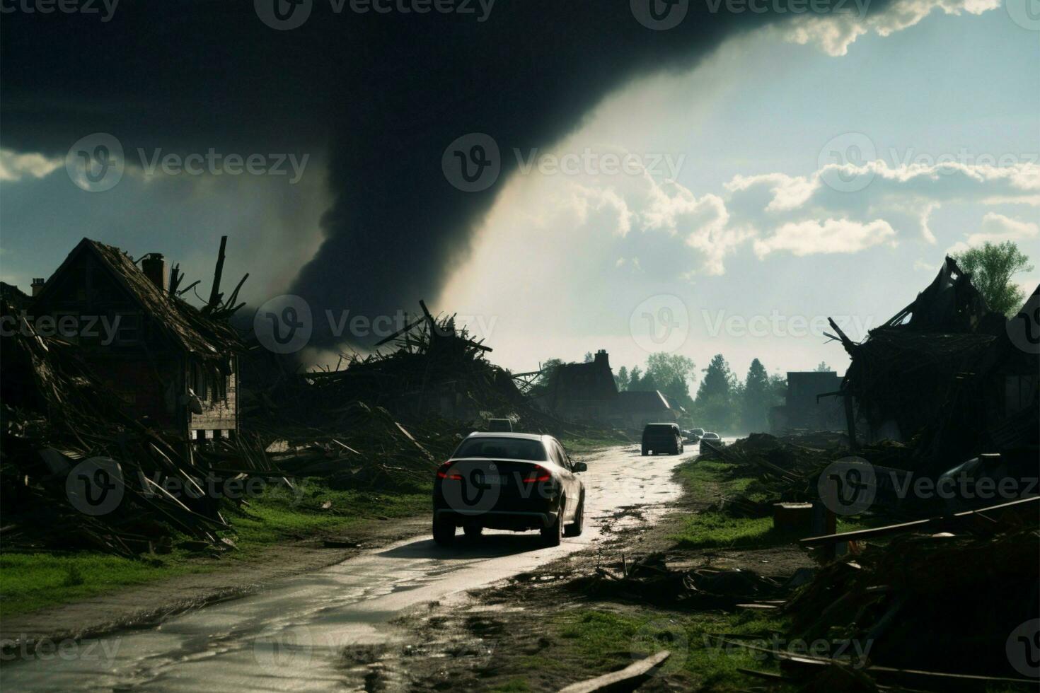 hotfull tornado lager mörk moln uppslukar och härjar de lugn by ai genererad foto