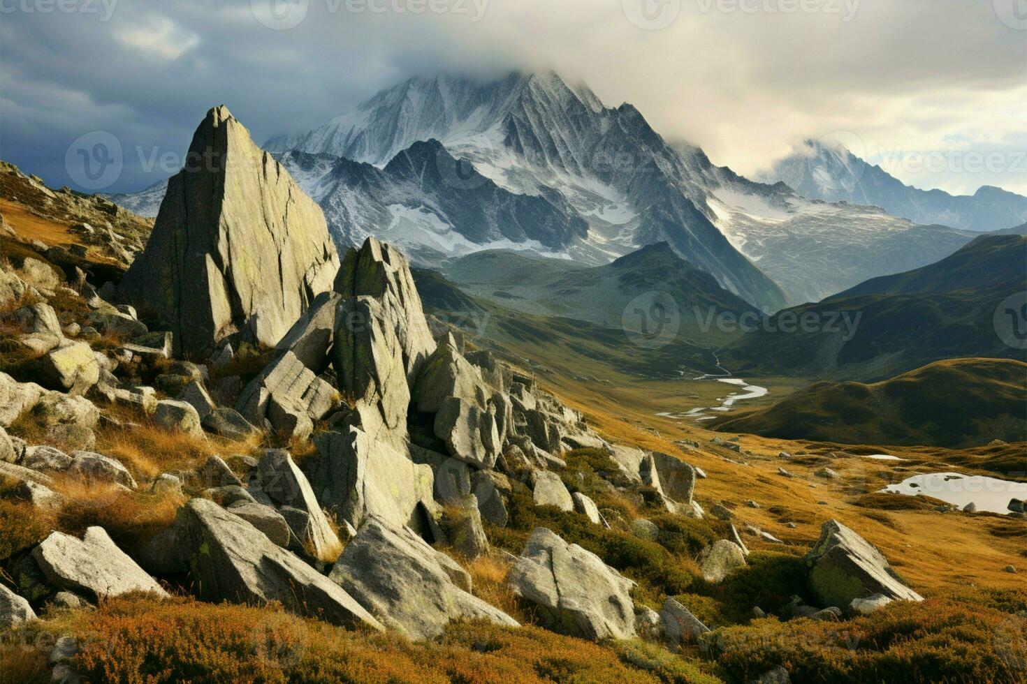 naturer prakt visat upp i de omfattande och oländig berg landskap ai genererad foto