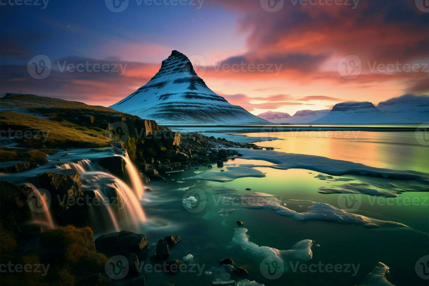 Kirkjufell berg under de nordlig lampor, en magisk isländsk panorama ai genererad foto