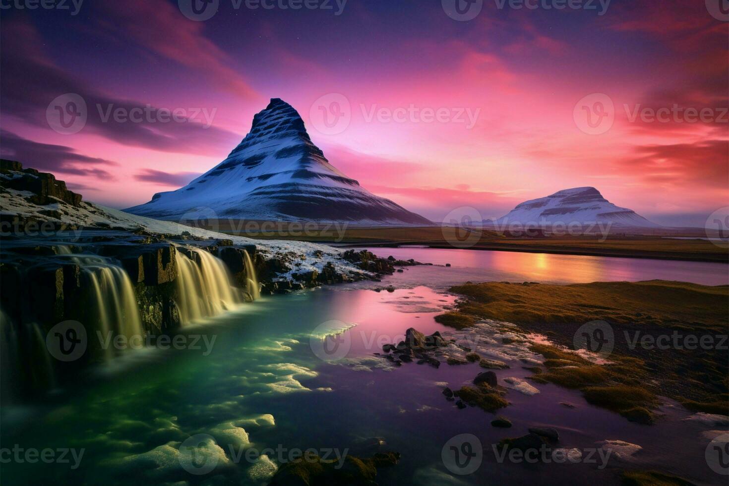 Kirkjufell berg inramade förbi de fascinerande nordlig lampor, en himmelsk visa ai genererad foto